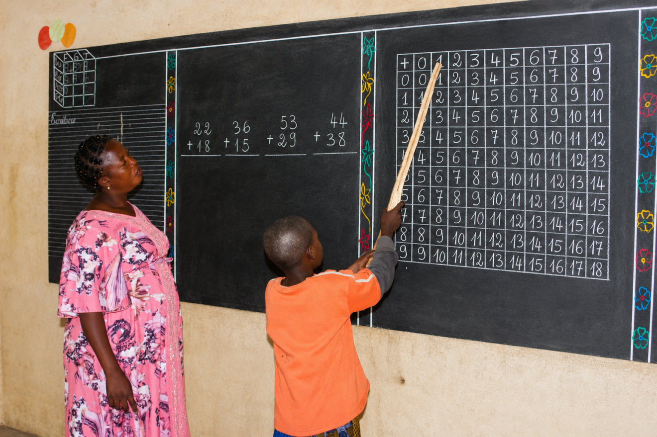 Dans une classe au Bénin, élève devant le tableau